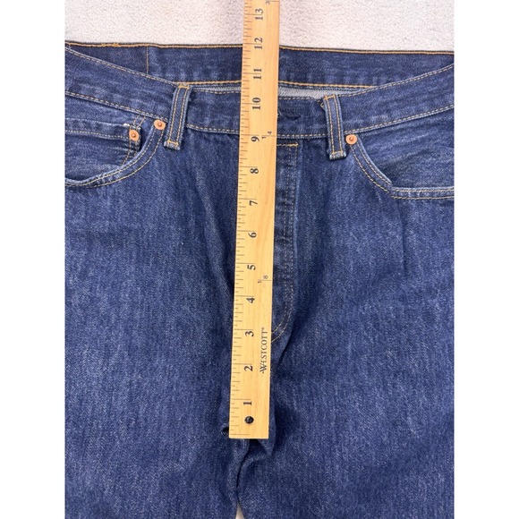 Levis 501 Jeans Mens 34x32 Blue Distressed Denim Straight Leg Button Fly - Picture 7 of 11